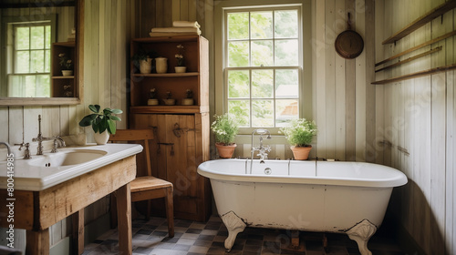 Farmhouse rustic interior design of modern bathroom.