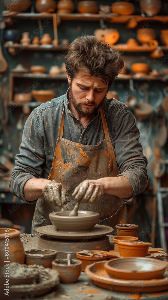 Focused man creating clay bowl on wheel in workshop Focused man creating clay bowl on wheel in workshop