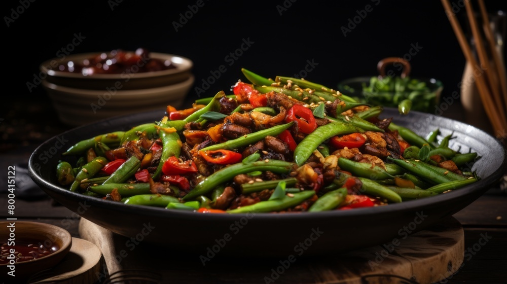 Delicious green beans stir-fry mixed with colorful vegetables served in a dark bowl, perfect for a gourmet meal Delicious green beans stir-fry mixed with colorful vegetables served in a dark bowl, perfect for a gourmet meal