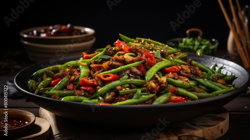Delicious green beans stir-fry mixed with colorful vegetables served in a dark bowl, perfect for a gourmet meal