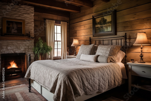 Farmhouse rustic interior design of modern bedroom.