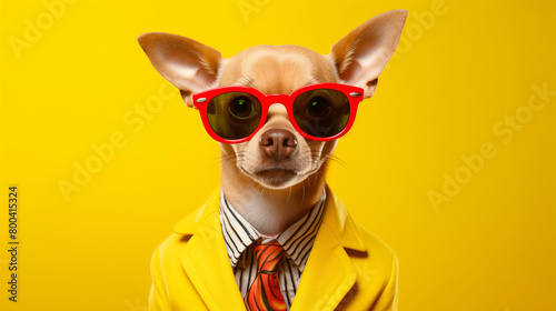 dog wearing a bright colorful blazer and glasses on yellow background © Harshal
