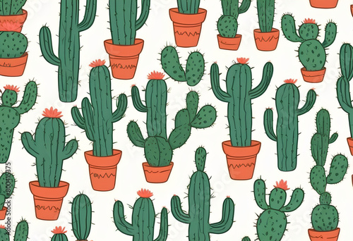 Cartoon cactus in pots doodle style illustration