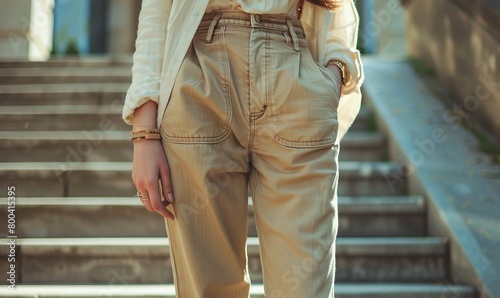 Woman with hand in pocket standing on steps