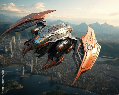 Futuristic beast with jetpowered wings soaring above a city, sleek and powerful, blending nature with technology photo