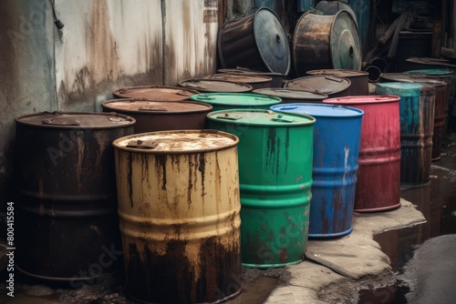 Сolorful, weathered oil barrels rows in warehouse, cargo ship, industrial vibe