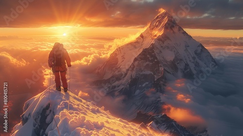 Golden Light of Victory: Climber Conquers Snow-Capped Peak, generative ai