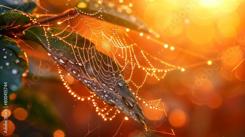 Intricate Details of Dewy Spider Web at Dawn, generative ai