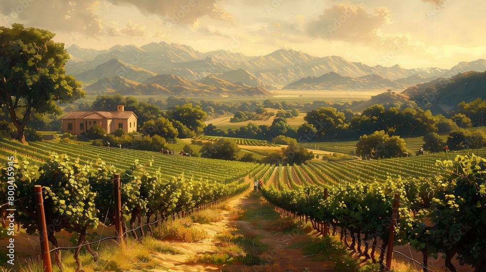 Naklejka premium Workers Gathering Grapes in a Vast Vineyard, generative ai