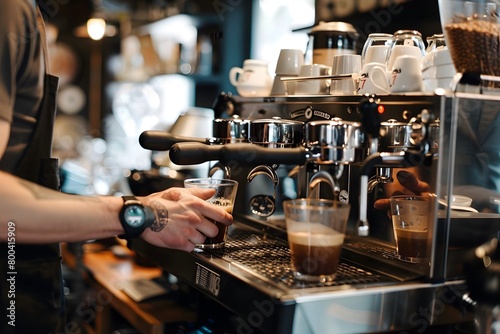 Barista brewing espresso in a bustling coffee shop
