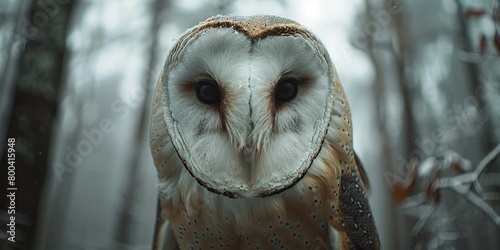 Close up view portrait of the barn owl in the forest photo