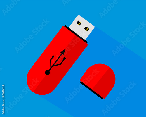USB device red color with shadow on blue background vector design. EPS 10