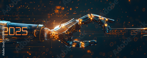A robotic arm extends towards a glowing representation of the year 2025, set against a backdrop filled with digital binary code and futuristic technology elements, symbolizing the intersection of adva