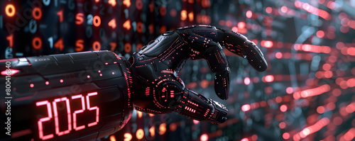 Obraz na płótnie A robotic arm extends towards a glowing representation of the year 2025, set against a backdrop filled with digital binary code and futuristic technology elements, symbolizing the intersection of adva w salonie