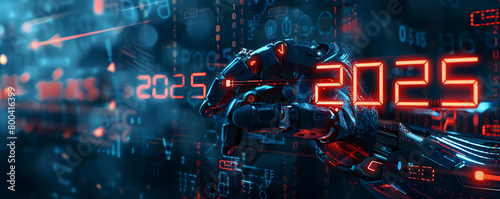 A robotic arm extends towards a glowing representation of the year 2025, set against a backdrop filled with digital binary code and futuristic technology elements, symbolizing the intersection of adva