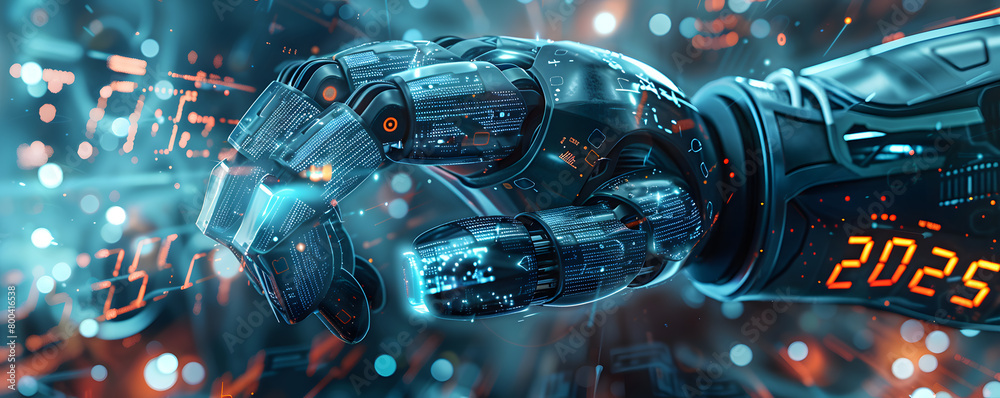 A robotic arm extends towards a glowing representation of the year 2025, set against a backdrop filled with digital binary code and futuristic technology elements, symbolizing the intersection of adva