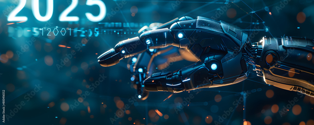 A robotic arm extends towards a glowing representation of the year 2025, set against a backdrop filled with digital binary code and futuristic technology elements, symbolizing the intersection of adva