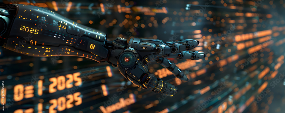 A robotic arm extends towards a glowing representation of the year 2025, set against a backdrop filled with digital binary code and futuristic technology elements, symbolizing the intersection of adva