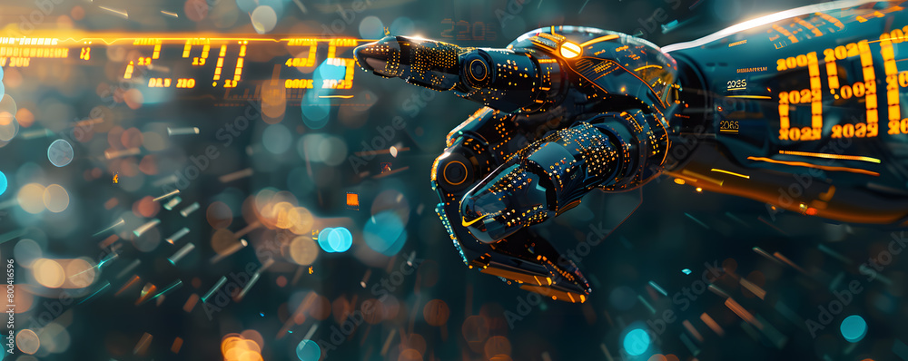 A robotic arm extends towards a glowing representation of the year 2025, set against a backdrop filled with digital binary code and futuristic technology elements, symbolizing the intersection of adva