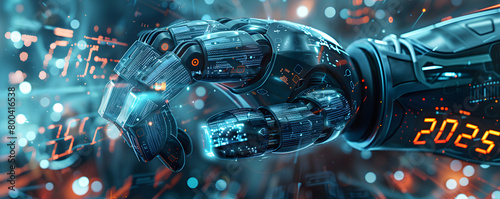 Obraz na płótnie A robotic arm extends towards a glowing representation of the year 2025, set against a backdrop filled with digital binary code and futuristic technology elements, symbolizing the intersection of adva w salonie