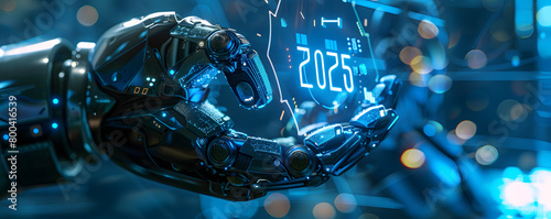A robotic arm extends towards a glowing representation of the year 2025, set against a backdrop filled with digital binary code and futuristic technology elements, symbolizing the intersection of adva