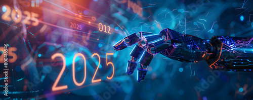 A robotic arm extends towards a glowing representation of the year 2025, set against a backdrop filled with digital binary code and futuristic technology elements, symbolizing the intersection of adva
