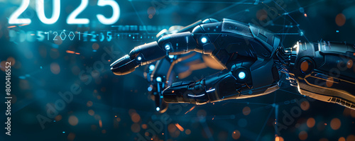 Obraz na płótnie A robotic arm extends towards a glowing representation of the year 2025, set against a backdrop filled with digital binary code and futuristic technology elements, symbolizing the intersection of adva w salonie