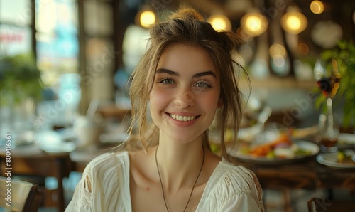 Smiling girl in restaurant with healthy meal. Generative AI image