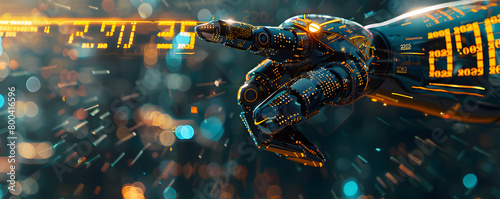 Obraz na płótnie A robotic arm extends towards a glowing representation of the year 2025, set against a backdrop filled with digital binary code and futuristic technology elements, symbolizing the intersection of adva w salonie
