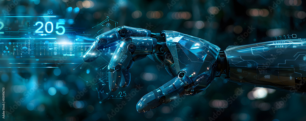 A robotic arm extends towards a glowing representation of the year 2025, set against a backdrop filled with digital binary code and futuristic technology elements, symbolizing the intersection of adva