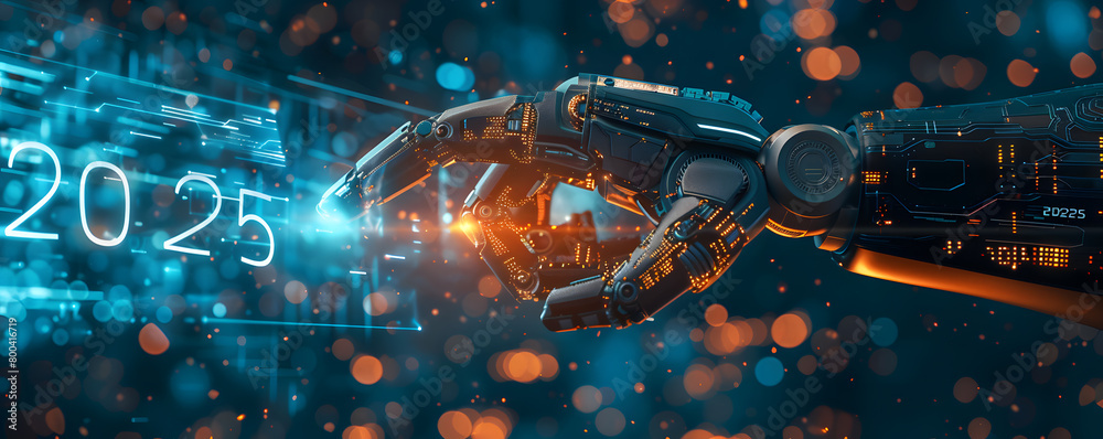 A robotic arm extends towards a glowing representation of the year 2025, set against a backdrop filled with digital binary code and futuristic technology elements, symbolizing the intersection of adva