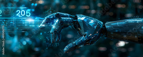Obraz na płótnie A robotic arm extends towards a glowing representation of the year 2025, set against a backdrop filled with digital binary code and futuristic technology elements, symbolizing the intersection of adva w salonie