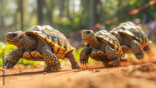 Turtles race on a track , Funny animal concept . photo