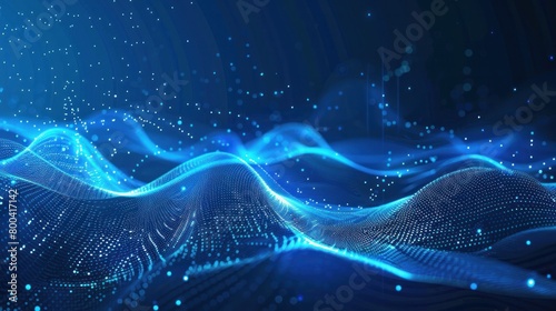 Futuristic portrayal of a moving wave  featuring digital background with dynamic glowing particles and lines. Visualization of big data represented in vector form.