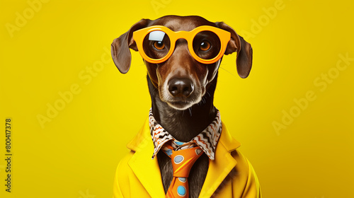 dog wearing a bright colorful blazer and glasses on yellow background