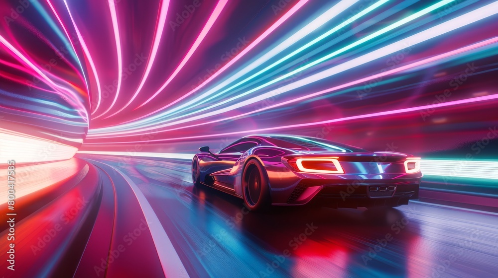Futuristic rendering of an electric sports car speeding through a neon-lit tunnel, leaving colorful light trails in its wake. Representing a future supercar concept in a 3D rendering.