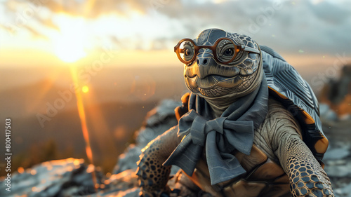 Turtle conquers top of mountain with red flag and sunflare , Funny animal concept .