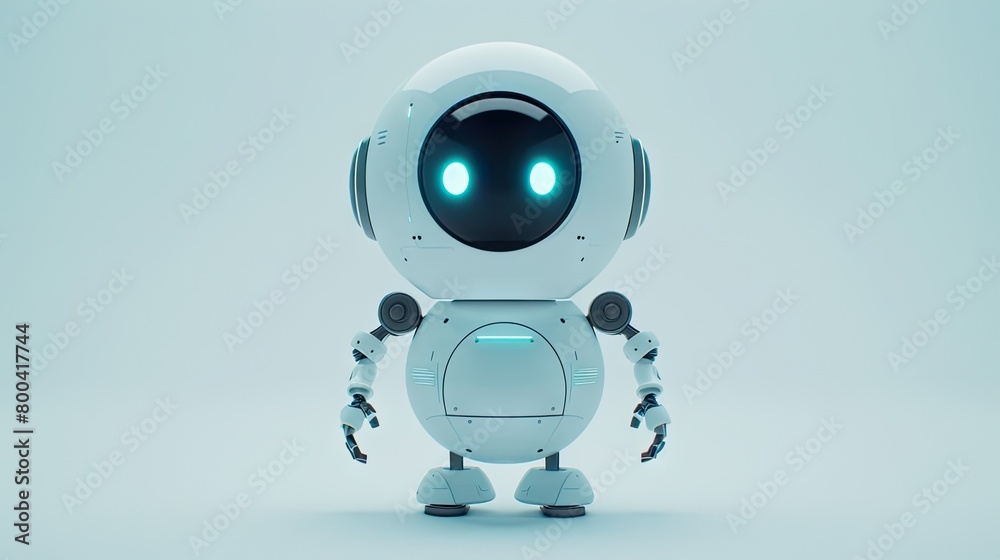 A white robot with electric blue eyes stands on a white background A white robot with electric blue eyes stands on a white background