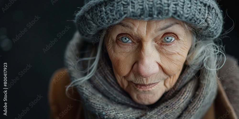 crop elderly gray haired female looking at camera with wrinkled face and in warm clothes while in light against dark background