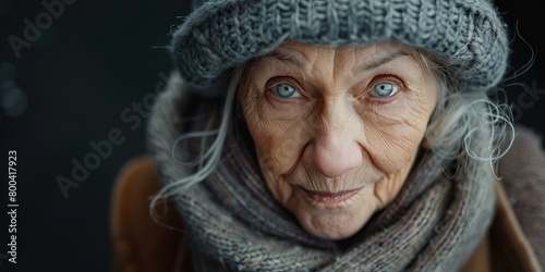 crop elderly gray haired female looking at camera with wrinkled face and in warm clothes while in light against dark background