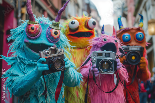 A group of cute colorful alien monster tourists are on the street in a big city. Holding a vintage photo camera
