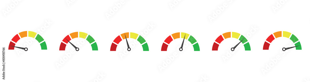 Risk meter icon set. Risk concept on speedometer. Set of gauges from low to high. Vector illustration. Risk meter icon set. Risk concept on speedometer. Set of gauges from low to high. Vector illustration.