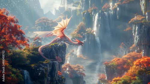 A mystical dragon with opalescent scales and shimmering wings, soaring gracefully through a mystical valley filled with floating islands and cascading waterfalls © OHMAl2T