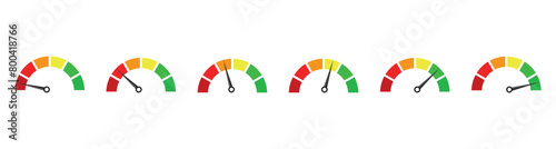 Risk meter icon set. Risk concept on speedometer. Set of gauges from low to high. Vector illustration. photo