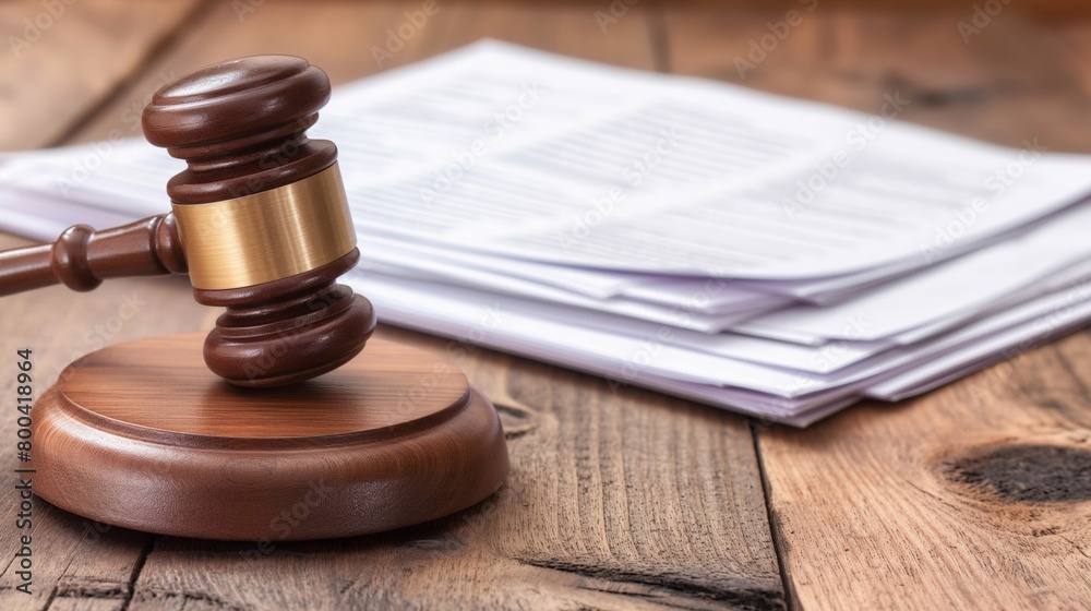 A gavel on a wooden desk with stacks of legal documents A gavel on a wooden desk with stacks of legal documents