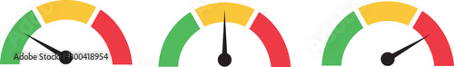 Risk meter icon set. Scale Low, Medium or High risk on speedometer, Set of gauges from low to high. Vector illustration. photo