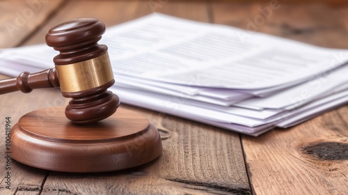 A gavel on a wooden desk with stacks of legal documents