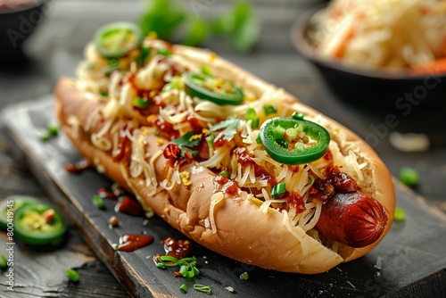 A detailed shot capturing the glistening textures of a unique condiment combination on a hot dog, including a special sauce, sauerkraut, and jalapenos, inviting viewers to explore unconventional flavo photo