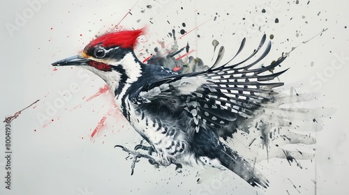 A watercolor painting of a Pileated Woodpecker in flight with a splash of red paint.