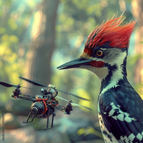 A woodpecker looking at a small drone with a camera.